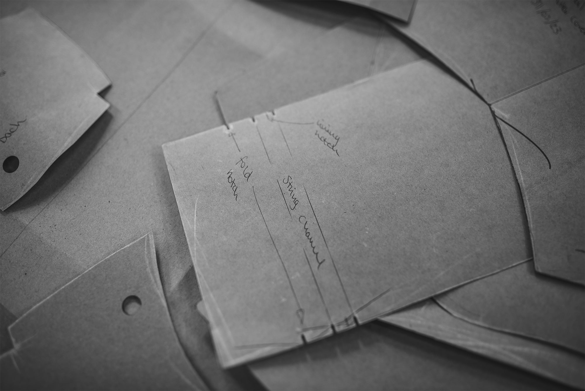 Cutting patterns for headcovers in the Fyfe Golf workshop – A detailed image showing cutting patterns laid out in the Fyfe Golf workshop, used in the crafting of headcovers, highlighting the precision and craftsmanship involved in the design and production process.